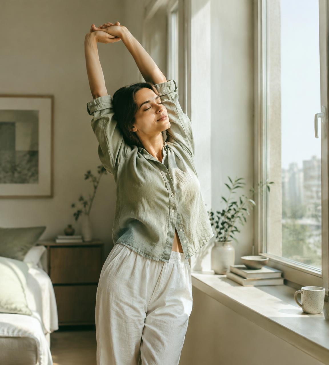 Person stretching in morning light at home